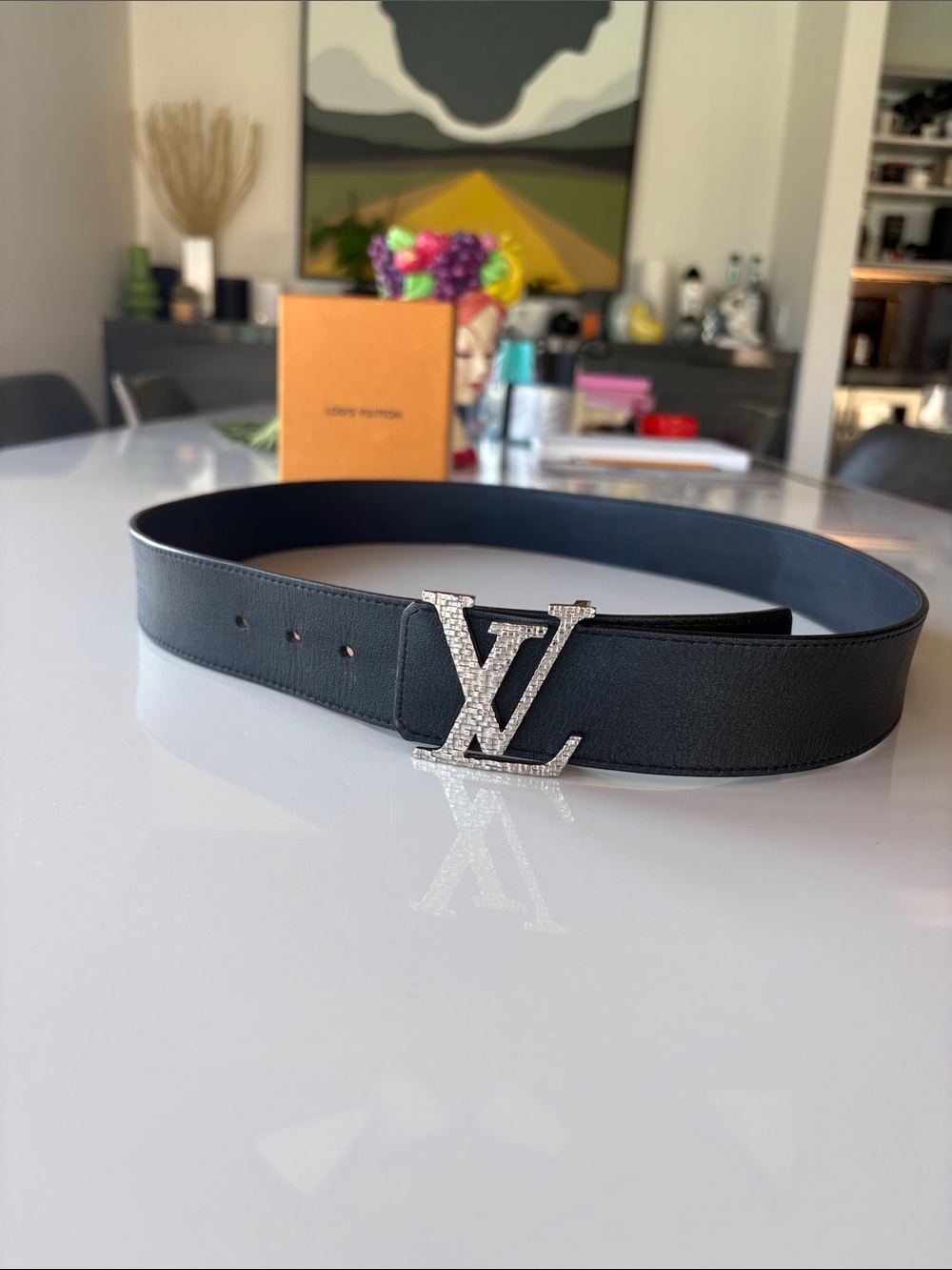 Louis Vuitton Black Leather Belt with Mosaic LV Buckle